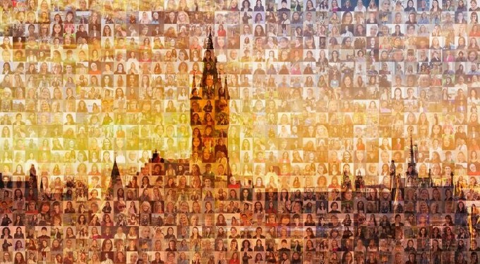 University of Glasgow historic building image made up of a collage of hundreds of people's faces